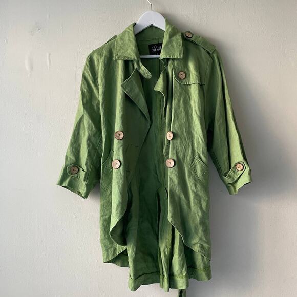 Luii 100% Linen Olive Green Double Breasted Light Jacket with Belt - Size L - Picture 10 of 10